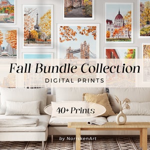 Fall Bundle Gallery Wall Set of 40+ Watercolor Prints, Travel Gallery Wall Art, Fall Cityscapes, Fall Home Wall Decor, Gallery Wall Collage