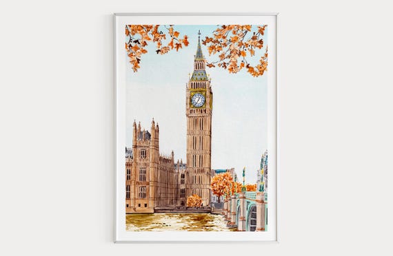 London Watercolor Print, Big Ben Painting, London Cityscape, Autumn Wall Art