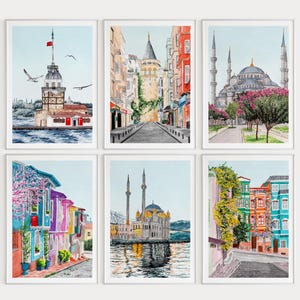 Istanbul Gallery Wall Set of 6, Watercolor Art, Turkey Wall Art, Istanbul Art Print, Istanbul Cityscape, Travel Gift, Turkey Wall Decor