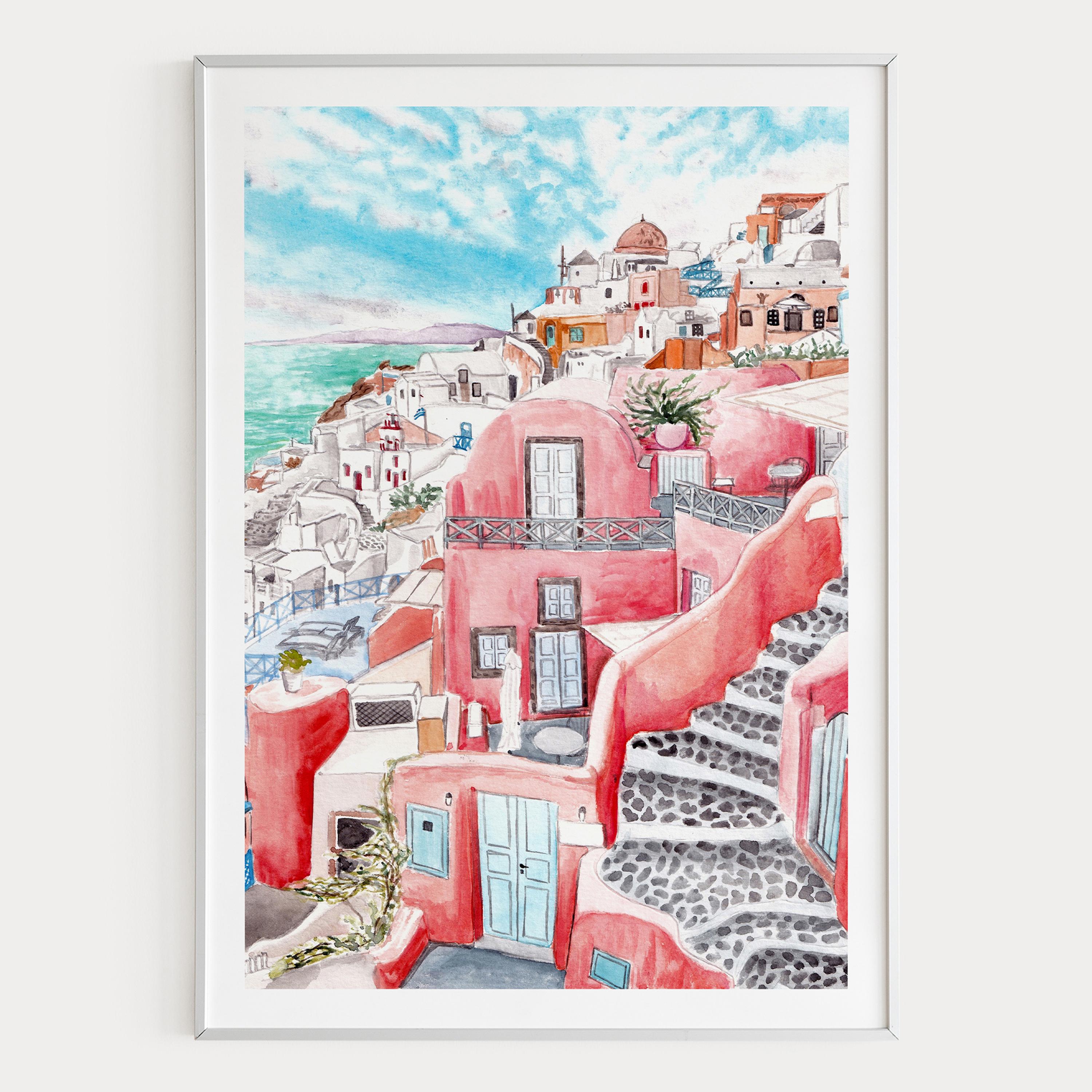 サントリーニ島の水彩画、ギリシャの壁画、サントリーニ島の風景画