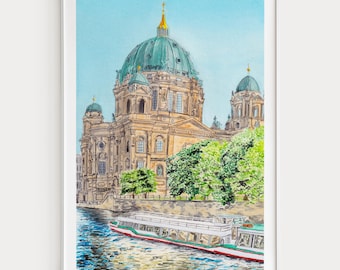 Berlin Watercolor Print, Germany Wall Art, Berliner Dom, Berlin Cathedral Cityscape Painting, Digital Download