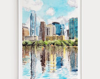 Austin Watercolor Print, Texas Wall Art, Austin Cityscape Painting, Texan Home Decor