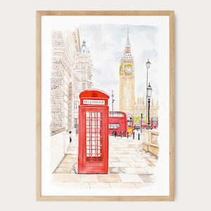 ロンドンの水彩画プリント、イングランドの壁アート、イギリスの装飾、ビッグベンのロンドンの街並みの絵画、寝室の壁アート、旅行ギフト