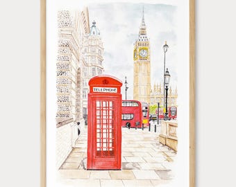 London Watercolor Print, England Wall Art, UK Decor, Big Ben London Cityscape Painting, Bedroom Wall Art, Travel Gift