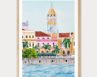 Impressão em aquarela de Casco Viejo, arte de parede da Cidade do Panamá, pintura da paisagem urbana de San Felipe, decoração costeira do Panamá.