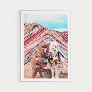 Arte de parede do Peru Rainbow Mountain Vinicunca Pintura em aquarela Arte de lhama Peru Impressão de arte de alpaca Impressão de arte peruana Arte de parede para berçário