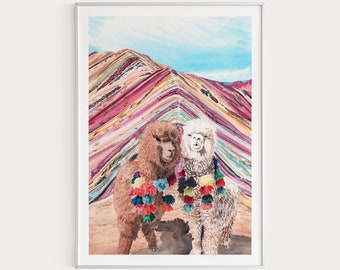 Rainbow Mountain Peru Wall Art Vinicunca Watercolor Painting Llama Art Peru Art Print Alpaca Art Print Peruvian Art Nursery Wall Art