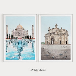 India Set of 2 Art Prints, Taj Mahal Art, Mumbai Print, India Decor, Indian Landmarks, Agra Cityscape, Watercolor Paintings, Travel Gift
