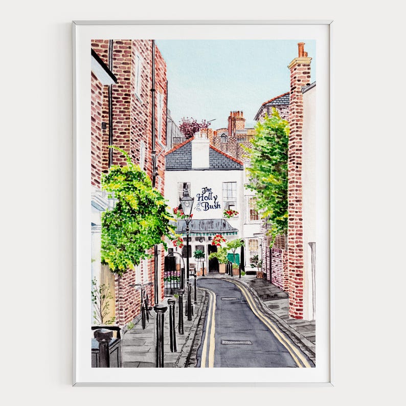 London Aquarell Druck, London Wandkunst, Hampstad Viertel, UK Reisegeschenk Bild 1