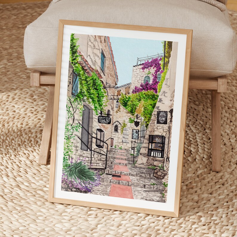 Eze Cote d’Azur Watercolor Print, France Wall Art, French Riviera Painting, Coastal Decor image 5