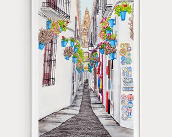 Cordoba Watercolor Print, Spanish Wall Art, Andalusia Cityscape Painting, Spain Mediterranean Decor, Digital Download | NorrskenArt