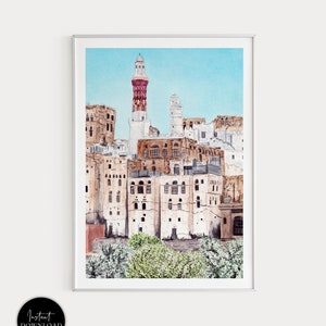Yemen Print, Jibla Cityscape, Yemen Wall Art, Watercolor Print, Middle East Print, Yemen Art, Yemen Painting, Yemen Art Print, Travel Gift