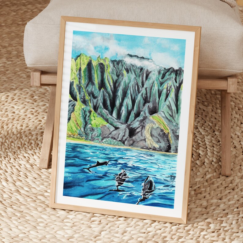 Na Pali Coast Watercolor Print, Hawaii Wall Art, Kauai Island, Hawaiian Coastal Beach House Decor, Digital Download | NorrskenArt image 3