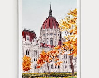 Budapest Watercolor Print, Hungary Wall Art, Budapest Cityscape Painting, Hungary Autumn Decor, Travel Gift