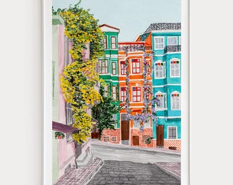 Istanbul Watercolor Print, Turkey Wall Art, Istanbul Cityscape Painting, Balat Colorful Neighborhood, Turkish Decor