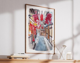 新宿路地裏の水彩画、日本の壁画、東京の街並み、日本の都市装飾