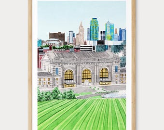 Lámina de acuarela de Kansas City, arte mural de Missouri, pintura del horizonte de Kansas City, decoración del Medio Oeste, regalo de viaje