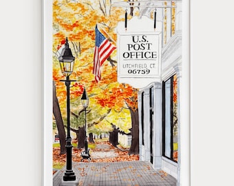 Litchfield Aquarell Druck, Conneticut Wandkunst, Litchfield Stadtlandschaft Gemälde, New England Herbst Dekor