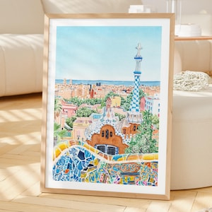 Aquarel Park Güell, kunst aan de muur Barcelona, decor Spanje, schilderij stadsgezicht Barcelona afbeelding 2