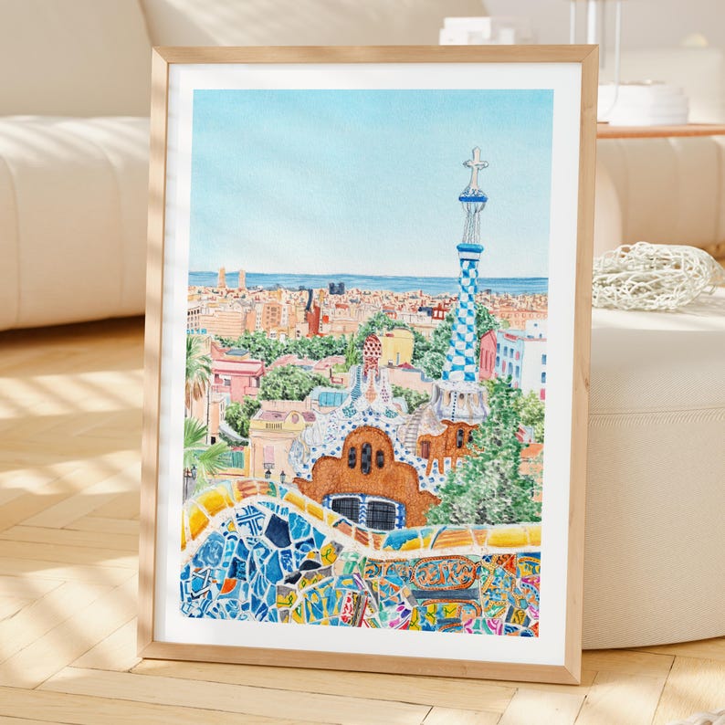 Aquarel Park Güell, kunst aan de muur Barcelona, decor Spanje, schilderij stadsgezicht Barcelona afbeelding 2