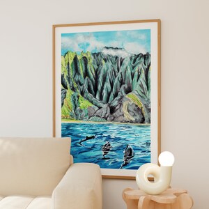 Na Pali Coast Watercolor Print, Hawaii Wall Art, Kauai Island, Hawaiian Coastal Beach House Decor, Digital Download | NorrskenArt image 2