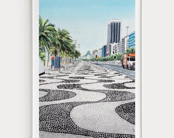 Copacabana Beach Watercolor Print, Brazil Wall Art, Rio de Janeiro Cityscape Painting, Brazilian Coastal Decor