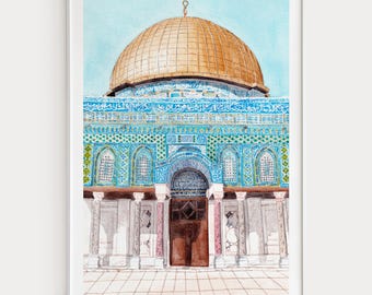 Al Aqsa Mosque Watercolor Print, Jerusalem Wall Art, Islamic Decor, Travel Gift