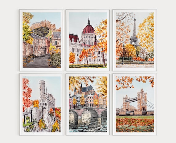 European Fall Set of 6 Watercolor Prints, Europe Art, Gallery Wall Set, Europe Cityscapes, Europe Wall Decor, Fall Art, Travel Gift