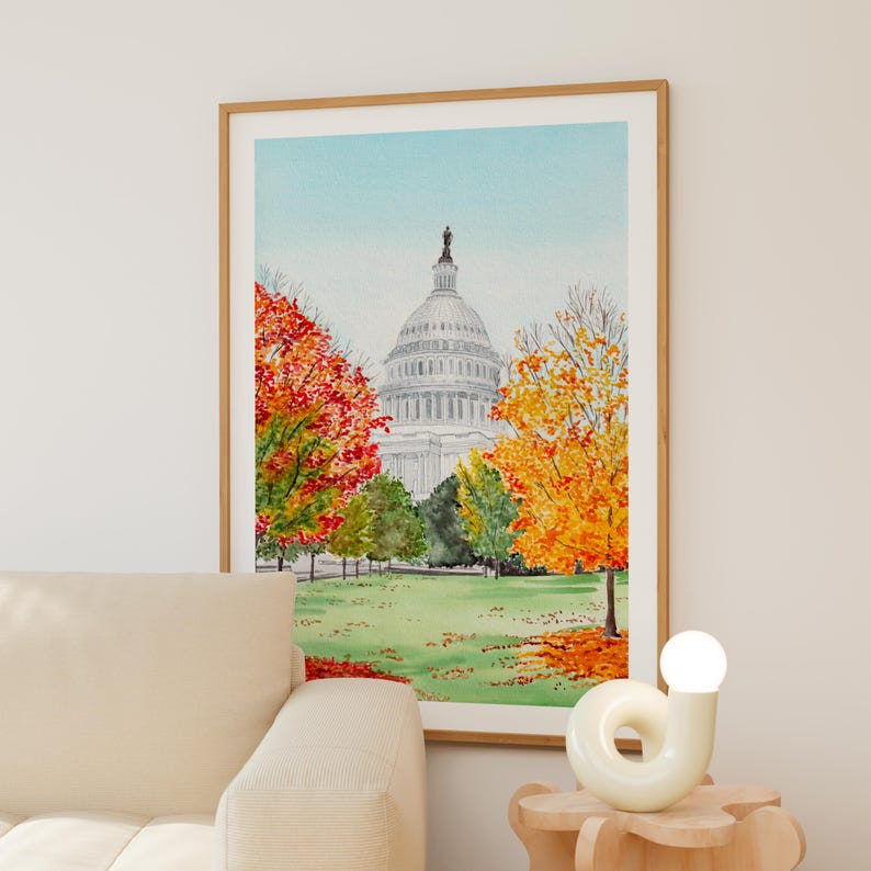 Washington DC Watercolor Print, US Capitol Wall Art, Washington DC Autumn Cityscape, Travel Gift image 4