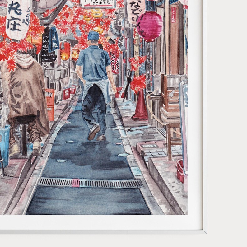 Impresión de acuarela del callejón de Shinjuku, arte mural japonés, paisaje urbano de Tokio, arte japonés, regalo de viaje a Tokio imagen 3