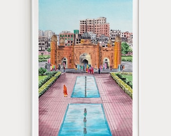 Dhaka Watercolor Print, Bangladesh Wall Art, Dhaka Cityscape Painting, Lalbagh Fort, Bangladesh Decor