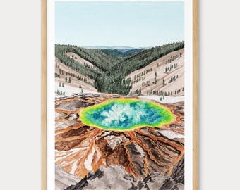 Aquarelprint Yellowstone National Park: Wyoming Wall Art, Yellowstone Painting, Rustiek interieurdecoratie