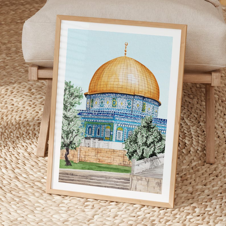 Al Aqsa Mosque Watercolor Print, Jerusalem Wall Art, Jerusalem Cityscape Painting, Middle East Decor image 4