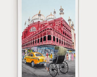 Kolkata Watercolor Print, India Wall Art, Kolkata Cityscape Painting, Indian Boho Decor, Digital Download | NorrskenArt