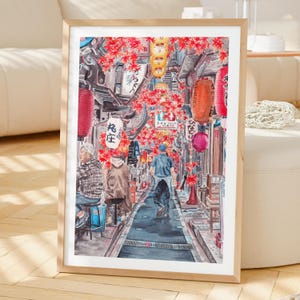 Impresión de acuarela del callejón de Shinjuku, arte mural japonés, paisaje urbano de Tokio, arte japonés, regalo de viaje a Tokio imagen 2