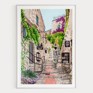 Eze Cote d’Azur Watercolor Print, France Wall Art, French Riviera Painting, Coastal Decor image 1