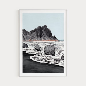 Island Druck, Aquarell Malerei, Island Wandbild, Schwarzer Sandstrand, Isländische Kunst, Island Landschaft, Europa Druck, Geschenk, Reise