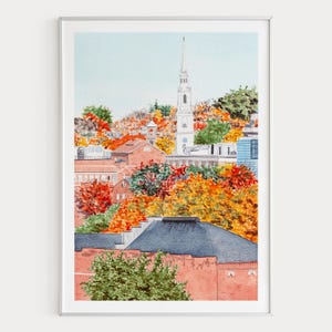 Stampa acquerello di Providence, arte murale del Rhode Island, dipinto di paesaggio urbano di Providence, decorazioni autunnali del New England