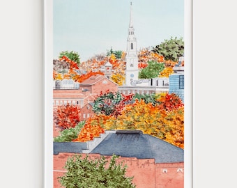 Stampa acquerello di Providence, arte murale del Rhode Island, dipinto di paesaggio urbano di Providence, decorazioni autunnali del New England