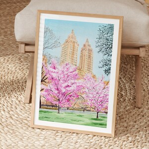 Central Park Watercolor Print, New York Spring Wall Art, Manhattan Cityscape Painting, NYC Travel Gift image 4