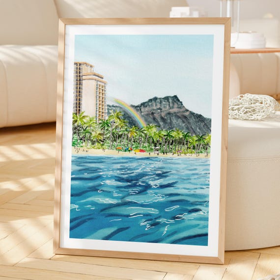 絵画癒しの絵　水彩画　ハワイのパワースポット ワイキキビーチの水彩画、ハワイのウォールアート、ホノルルの海岸の