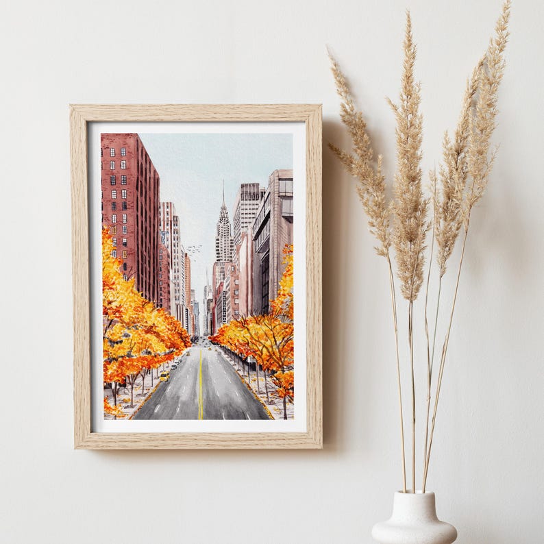 Láminas de acuarela de Nueva York, Arte mural de Nueva York, Decoración mural otoñal, Arte de Manhattan, Arte de la ciudad de Nueva York, Láminas de Nueva York, Láminas de viajes a Nueva York imagen 7