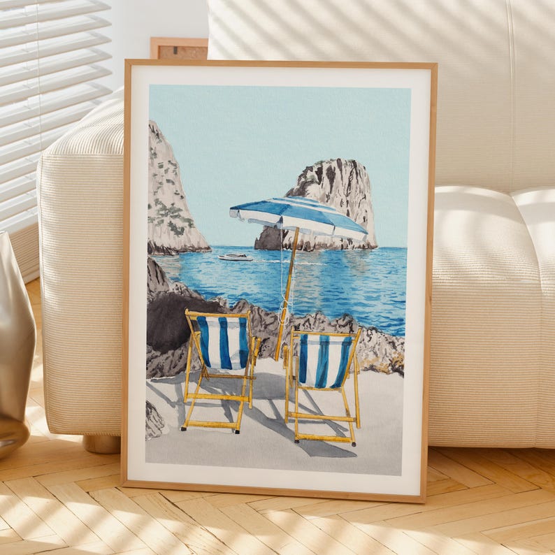 La Fontelina Strand Druck, Italien Wandkunst, Capri Aquarell Landschaft, Italienisches Küstendekor, Reisegeschenk Bild 6