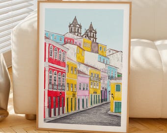 バイーアの水彩画、ブラジルの壁画、サルバドールの街並みの絵画
