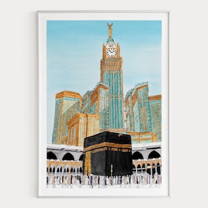 Impressão em aquarela da Caaba, arte de parede de Meca, pintura da Arábia Saudita, decoração islâmica, paisagem urbana de Meca