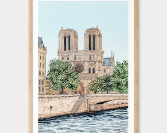 Notre Dame Cathedral Print, France Wall Art, Paris Watercolor Cityscape, French Decor, Travel Gift