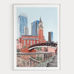 Manchester Watercolor Print, England Wall Art, Manchester Cityscape Painting, UK Decor, Travel Gift
