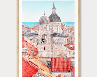 Dubrovnik Watercolor Print, Croatia Wall Art, Dubrovnik Cityscape Painting, Croatian Decor, Travel Gift