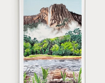 Angel Falls Watercolor Print, Venezuela Wall Art, Venezuela Landscape Painting, Canaima National Park