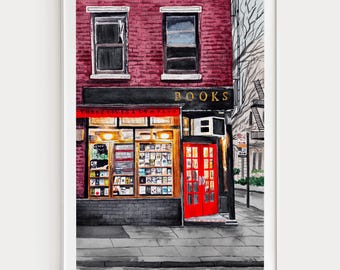 Bookstore Watercolor Print, New York Wall Art, Book Lover Gift, Bookworm Literary Decor